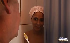 Old Guy Offered A Toothbrush To Young Babe Under The Shower